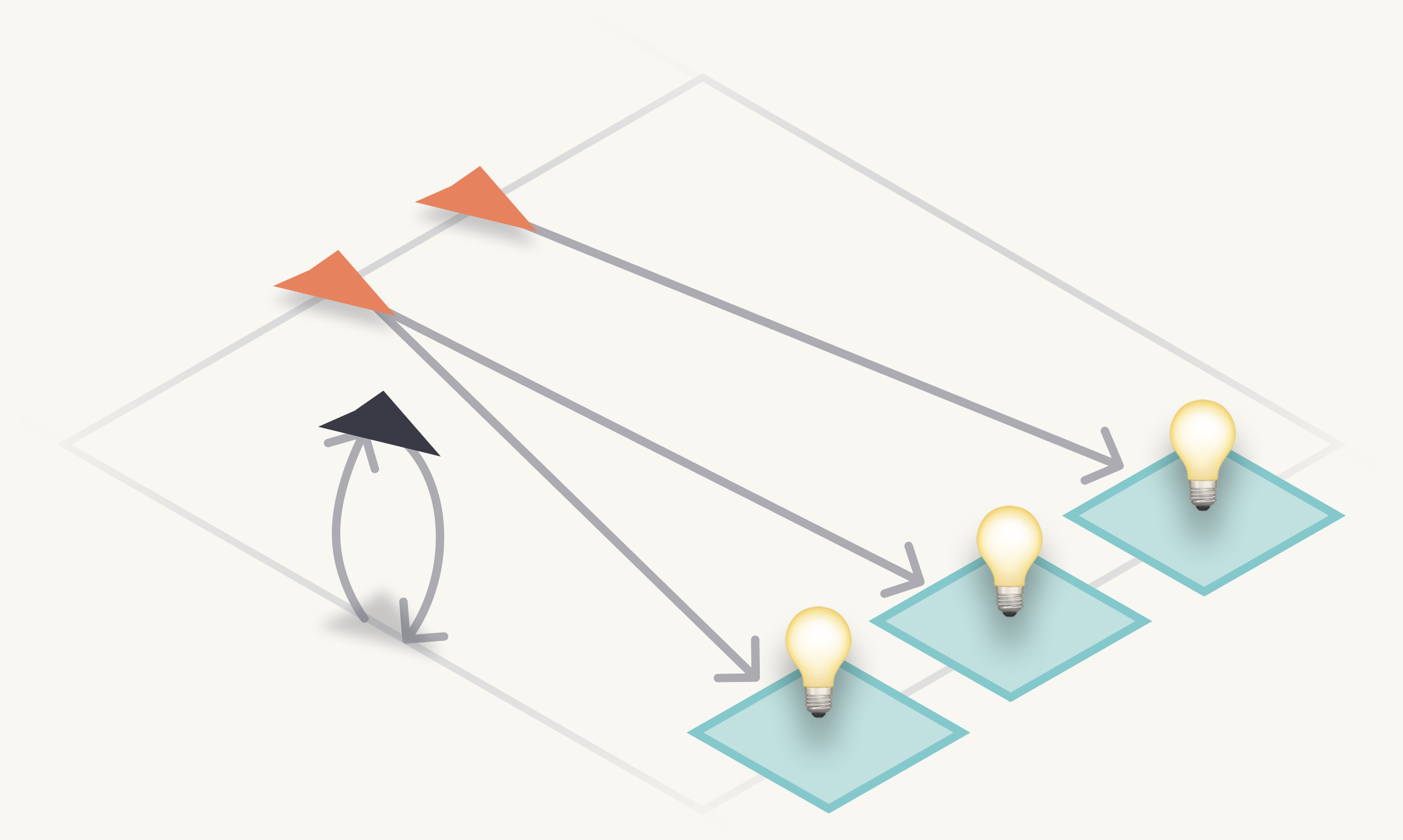 Left: one insight fans out to several ideas. Right: the same insight, with collaborators each adding their own ideas.